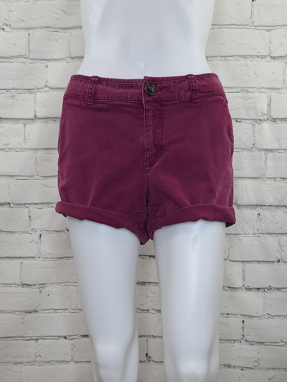 American Eagle Next Level Low Rise Cotton Blend Denim Midi Short in Burgundy